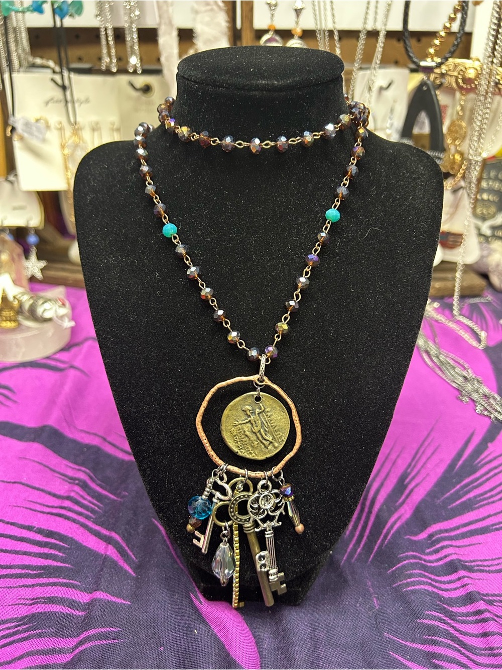 NWT Lost & Found Boho Grunge Coin & Skeleton Key Charm Rosary Necklace